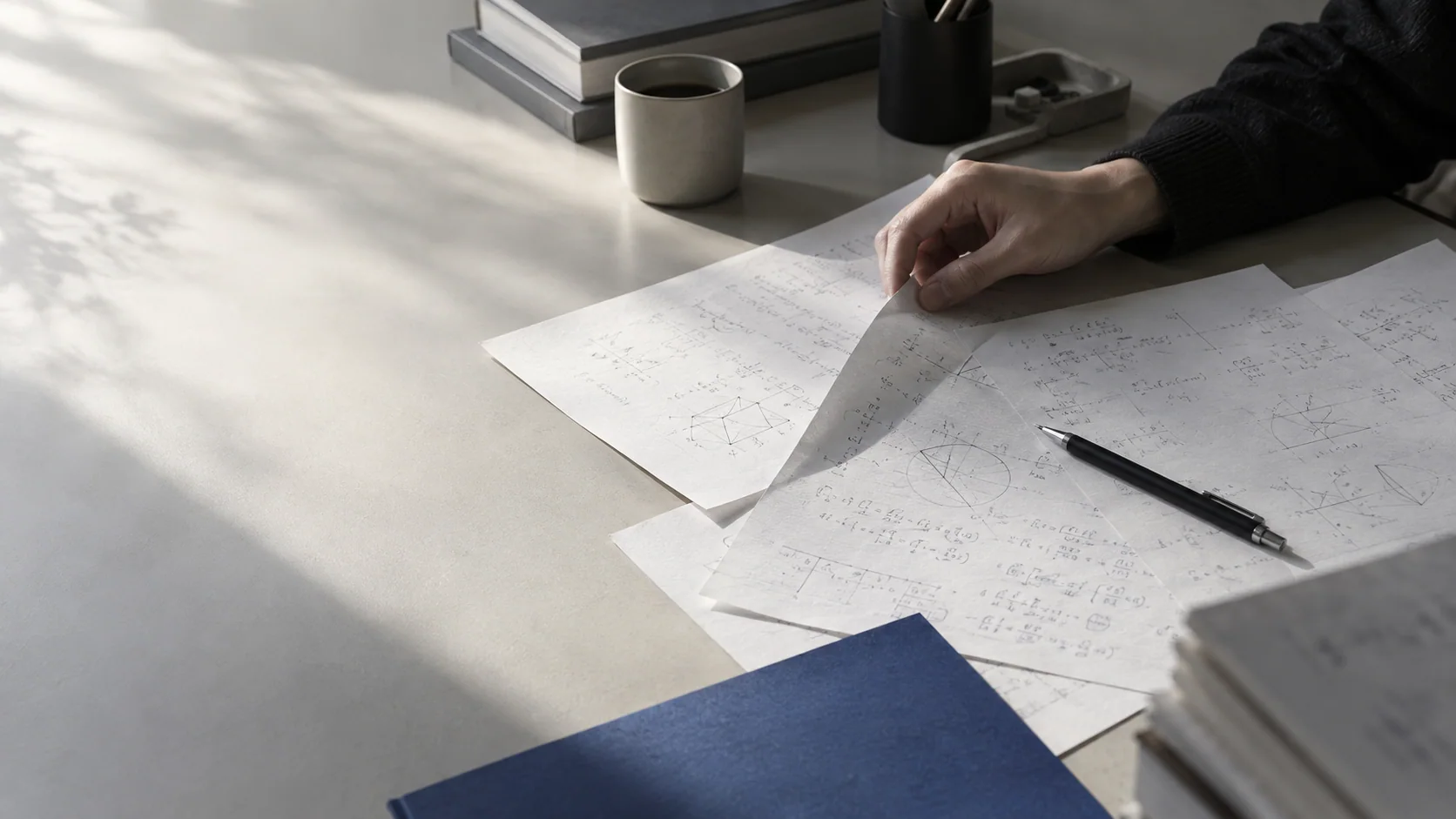 A researcher turning a draft page on a worktable