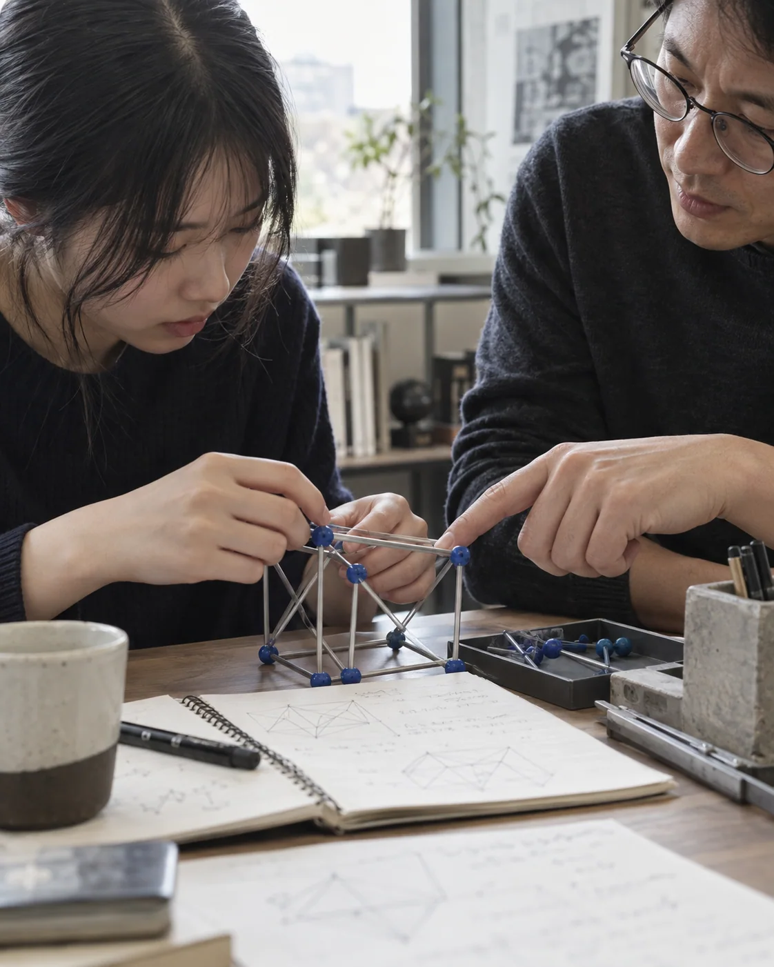 A student building a model while a mentor discusses the details