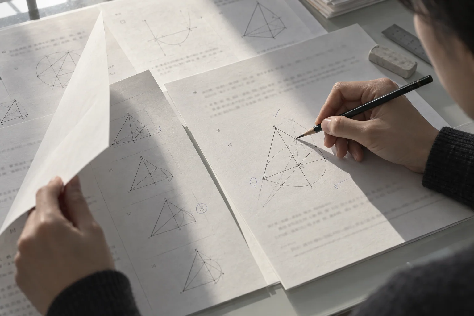 A reviewer checking geometric diagrams across question drafts